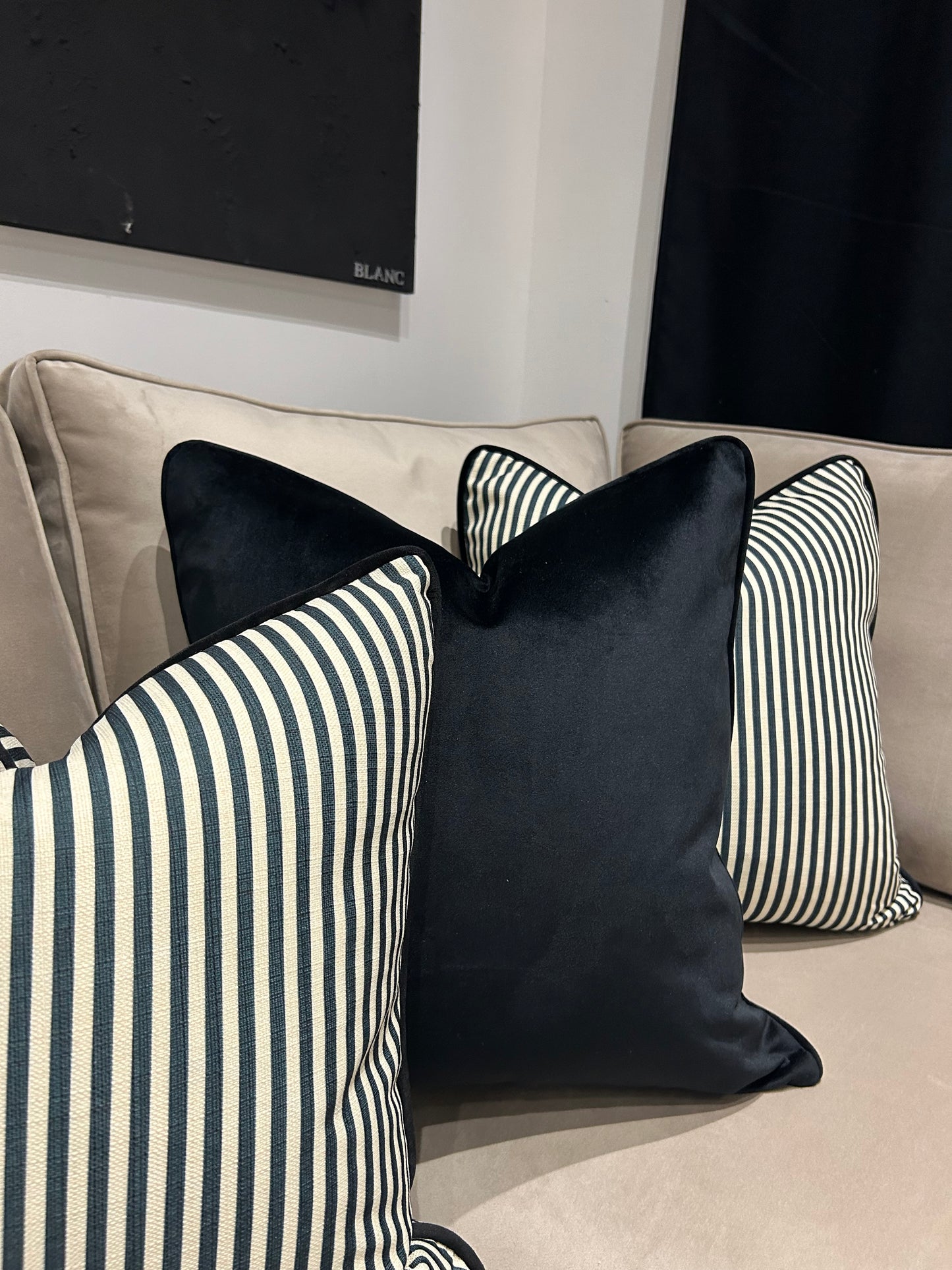 Half Pinstripe With Black Velvet Back Cushion