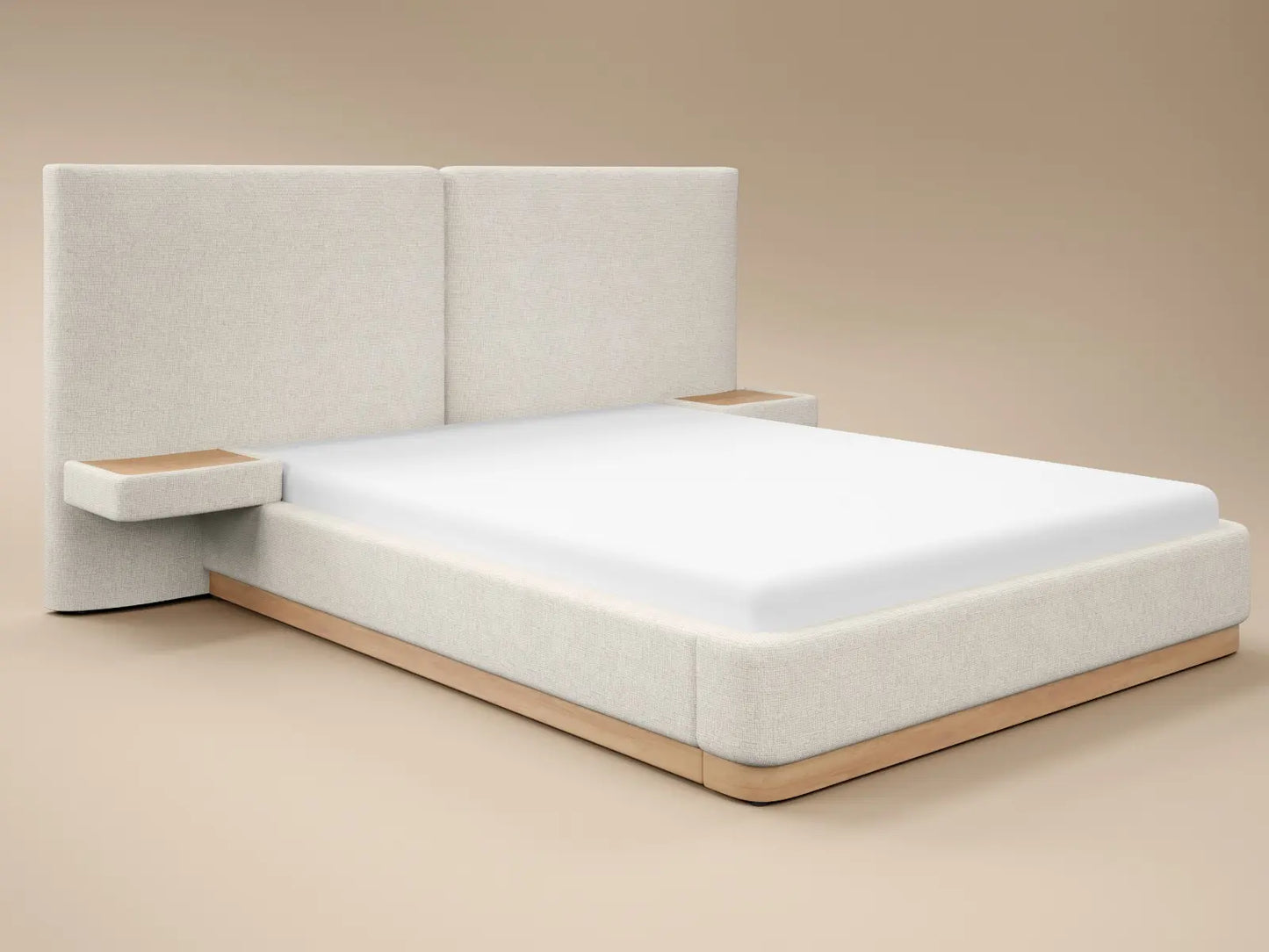 SOLACE+CO Vera Hotel Bed Frame with Integrated Bedside Tables Cream Chenille
