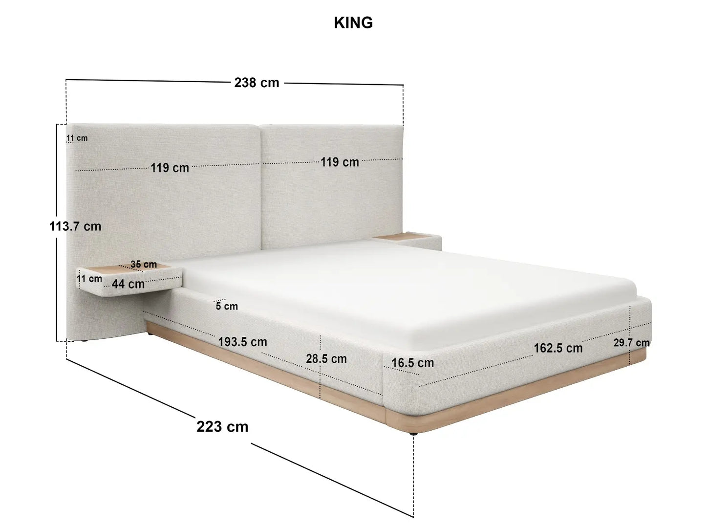 SOLACE+CO Vera Hotel Bed Frame with Integrated Bedside Tables Cream Chenille