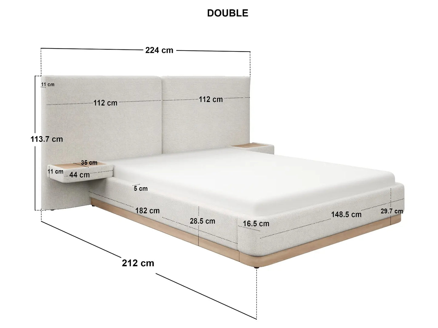 SOLACE+CO Vera Hotel Bed Frame with Integrated Bedside Tables Cream Chenille