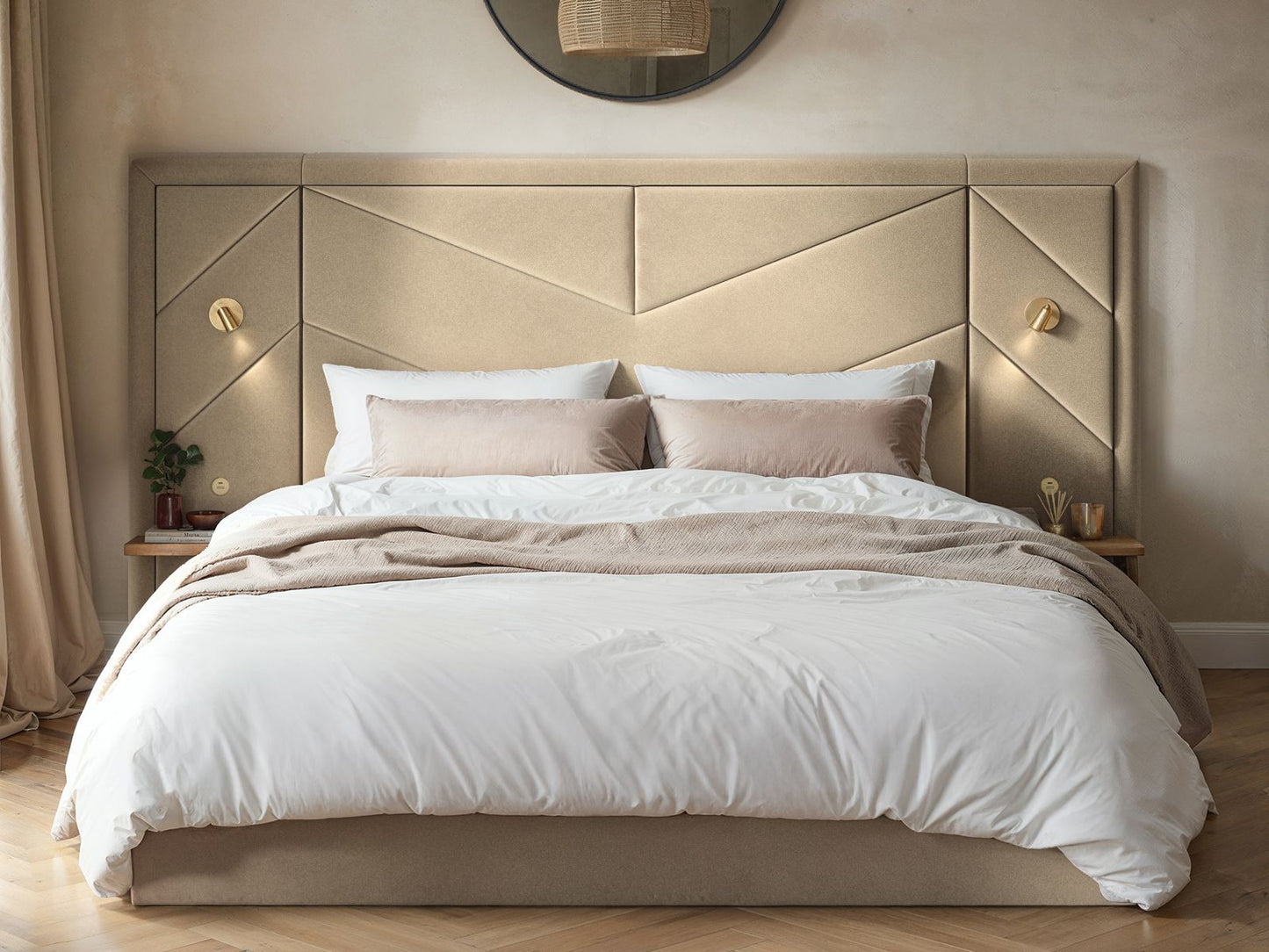 FLAIR ALICE HOTEL OTTOMAN BED WITH USB GOLD LIGHTS BEIGE VELVET