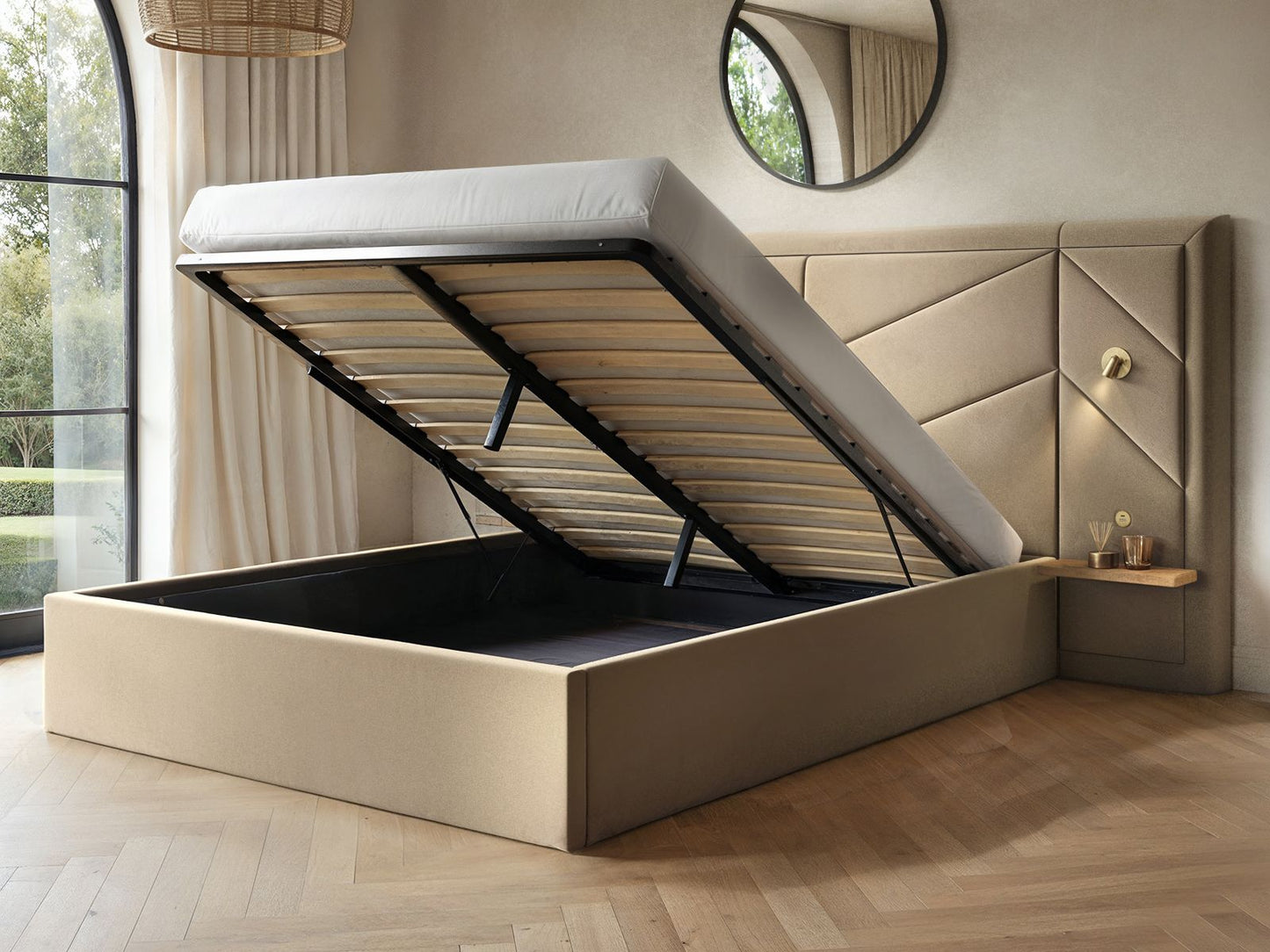 FLAIR ALICE HOTEL OTTOMAN BED WITH USB GOLD LIGHTS BEIGE VELVET