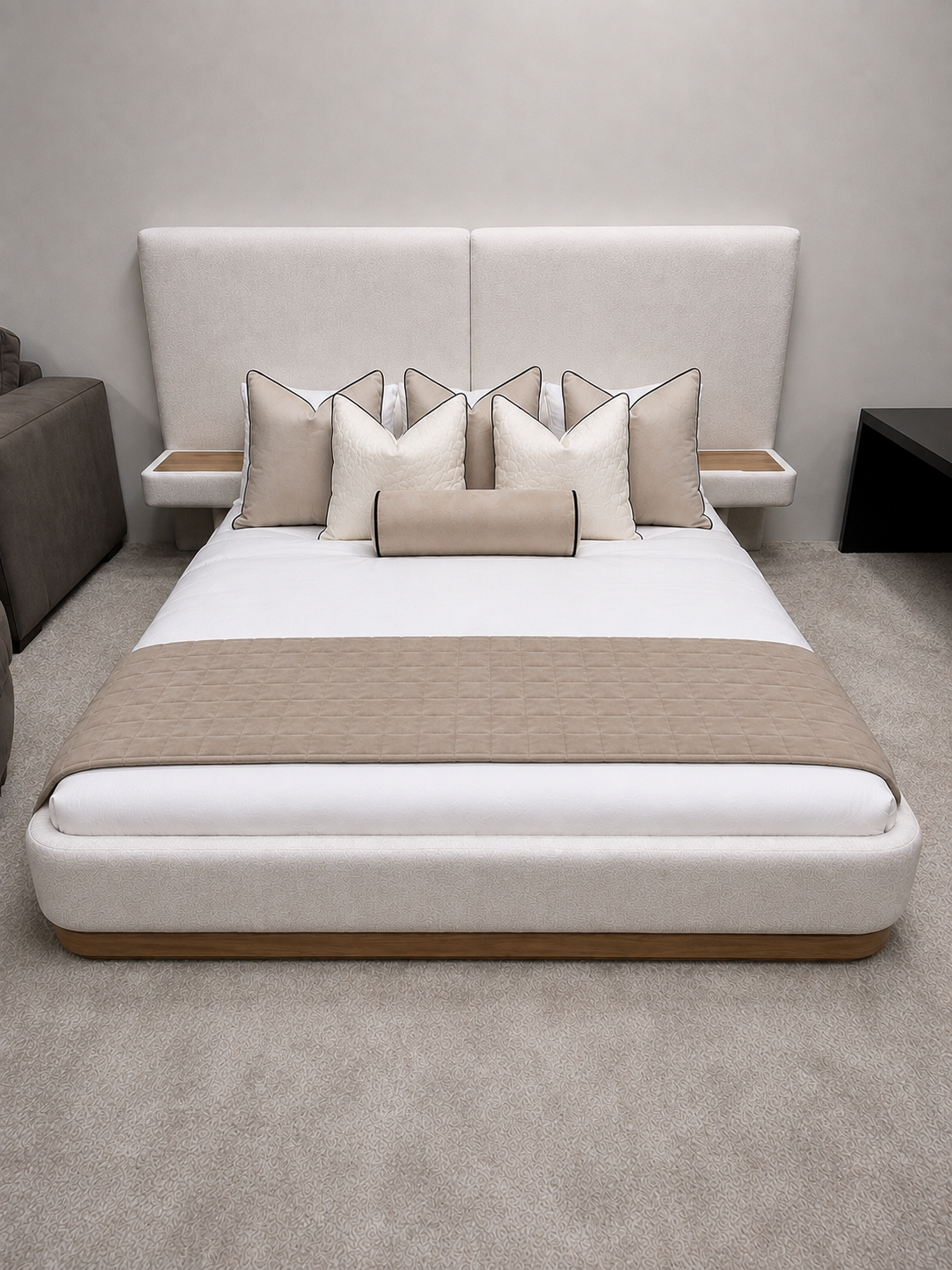 SOLACE+CO Vera Hotel Bed Frame with Integrated Bedside Tables Cream Chenille