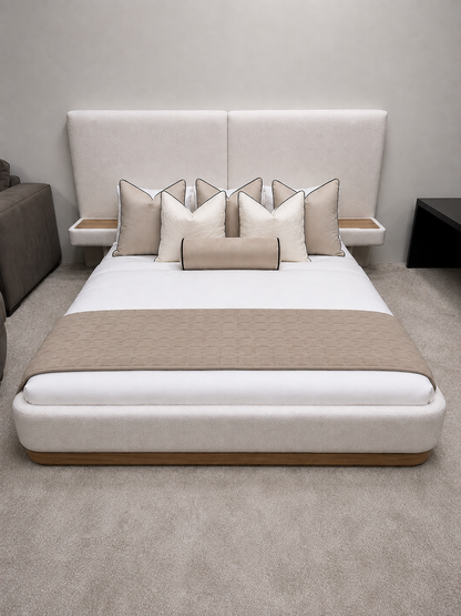 SOLACE+CO Vera Hotel Bed Frame with Integrated Bedside Tables Cream Chenille